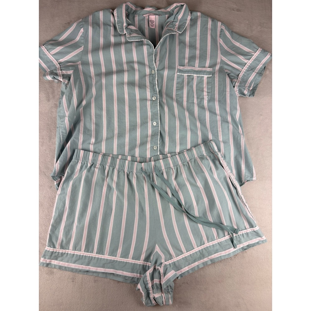 Victorias Secret Pajama Set XL Green Pink Striped Short Sleeve Button Up Shorts